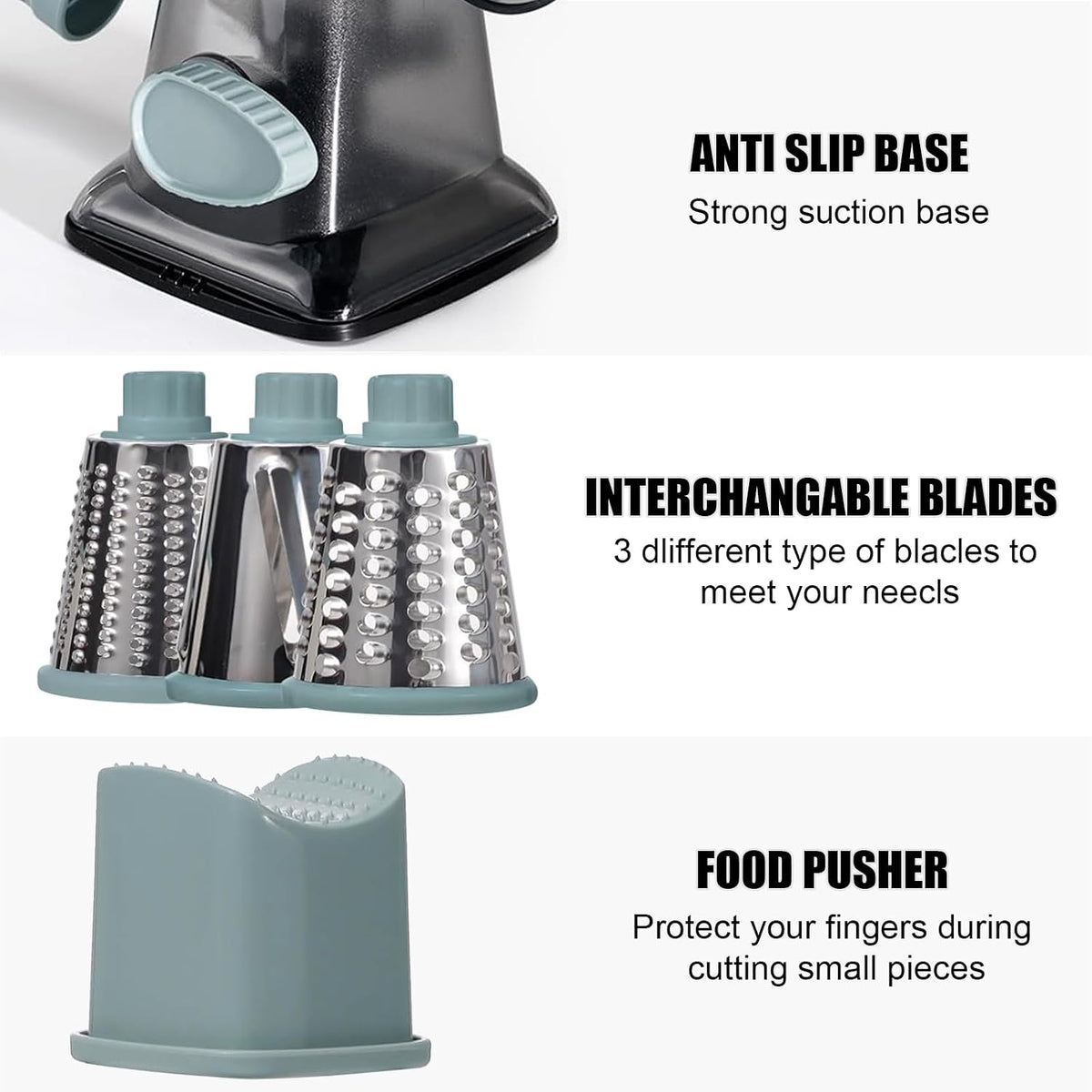 Rotary Cheese Cheese Grater Hand Crank Vegetable Cheese Grater for Kitchen 3 Changeable Blades for Cheese Potato Zucchini Nuts Chocolate - GreyBlue