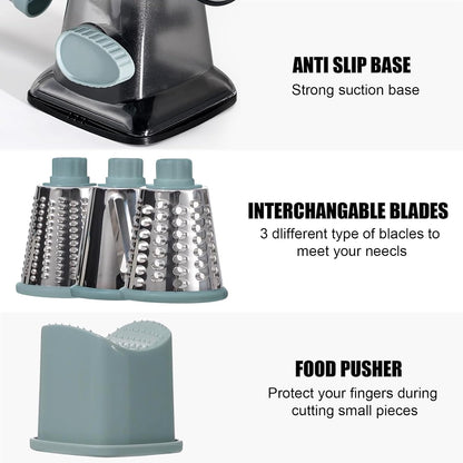 Rotary Cheese Cheese Grater Hand Crank Vegetable Cheese Grater for Kitchen 3 Changeable Blades for Cheese Potato Zucchini Nuts Chocolate - GreyBlue