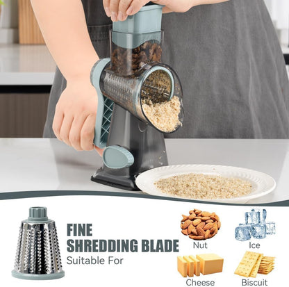Rotary Cheese Cheese Grater Hand Crank Vegetable Cheese Grater for Kitchen 3 Changeable Blades for Cheese Potato Zucchini Nuts Chocolate - GreyBlue