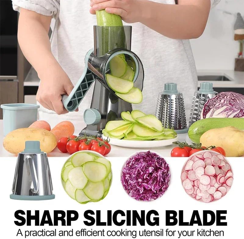Rotary Cheese Cheese Grater Hand Crank Vegetable Cheese Grater for Kitchen 3 Changeable Blades for Cheese Potato Zucchini Nuts Chocolate - GreyBlue