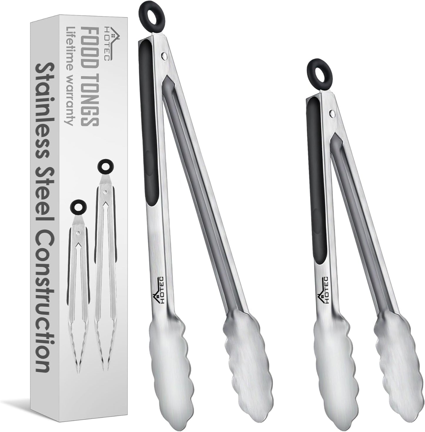 Stainless Steel Kitchen Tongs, Locking Metal Food Tongs for Cooking, Serving, BBQ, Grill & Air Fryer with Non-Slip Grip, Set of 2-9" and 12"