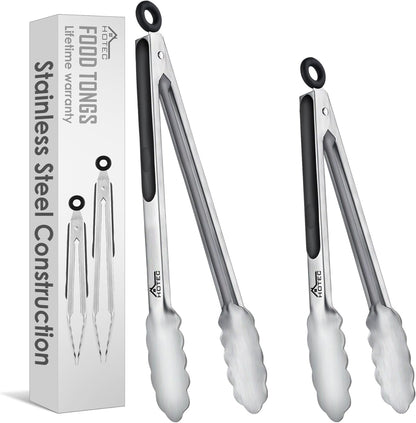 Stainless Steel Kitchen Tongs, Locking Metal Food Tongs for Cooking, Serving, BBQ, Grill & Air Fryer with Non-Slip Grip, Set of 2-9" and 12"