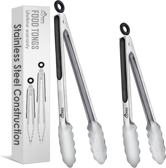 Stainless Steel Kitchen Tongs, Locking Metal Food Tongs for Cooking, Serving, BBQ, Grill & Air Fryer with Non-Slip Grip, Set of 2-9" and 12"