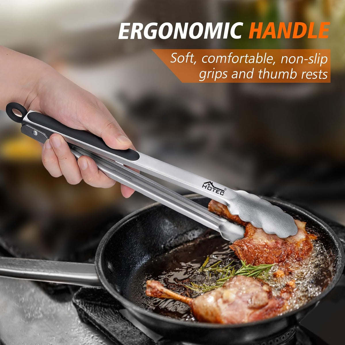 Stainless Steel Kitchen Tongs, Locking Metal Food Tongs for Cooking, Serving, BBQ, Grill & Air Fryer with Non-Slip Grip, Set of 2-9" and 12"