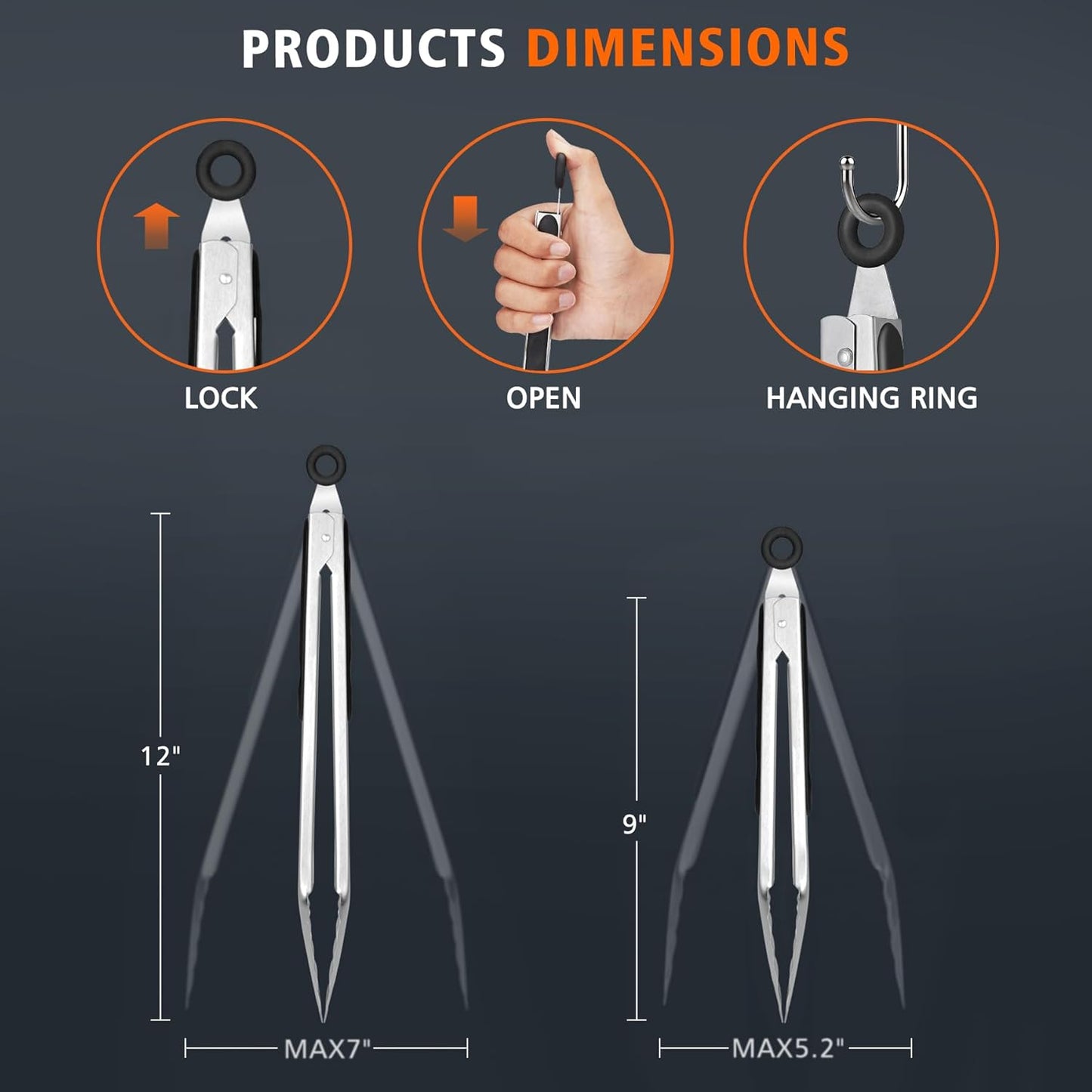 Stainless Steel Kitchen Tongs, Locking Metal Food Tongs for Cooking, Serving, BBQ, Grill & Air Fryer with Non-Slip Grip, Set of 2-9" and 12"