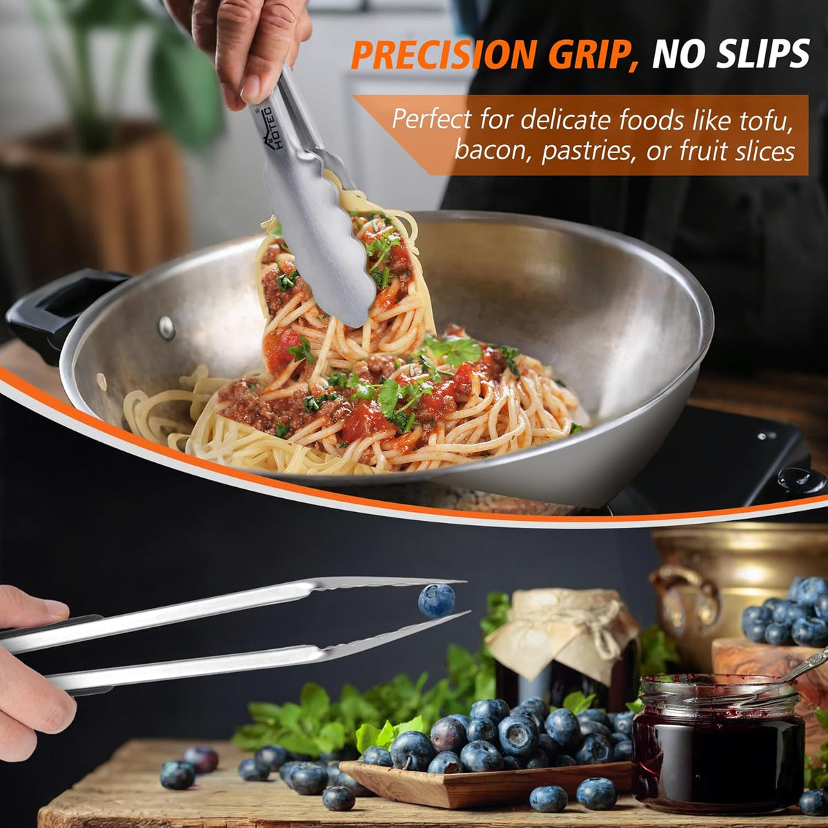 Stainless Steel Kitchen Tongs, Locking Metal Food Tongs for Cooking, Serving, BBQ, Grill & Air Fryer with Non-Slip Grip, Set of 2-9" and 12"