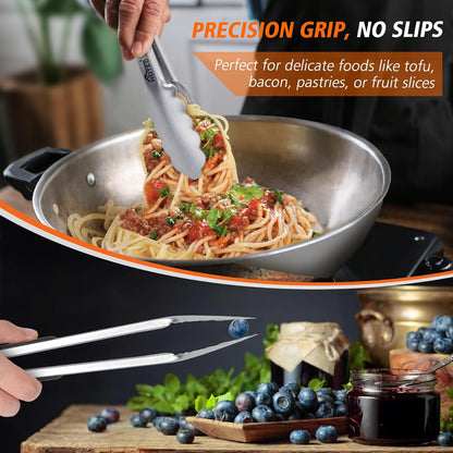Stainless Steel Kitchen Tongs, Locking Metal Food Tongs for Cooking, Serving, BBQ, Grill & Air Fryer with Non-Slip Grip, Set of 2-9" and 12"