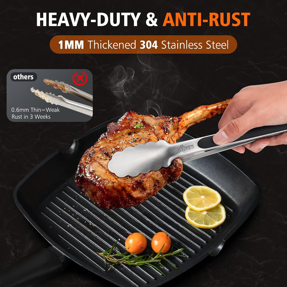 Stainless Steel Kitchen Tongs, Locking Metal Food Tongs for Cooking, Serving, BBQ, Grill & Air Fryer with Non-Slip Grip, Set of 2-9" and 12"