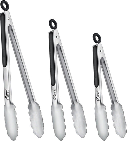 Stainless Steel Kitchen Tongs, Locking Metal Food Tongs for Cooking, Serving, BBQ, Grill & Air Fryer with Non-Slip Grip, Set of 2-9" and 12"