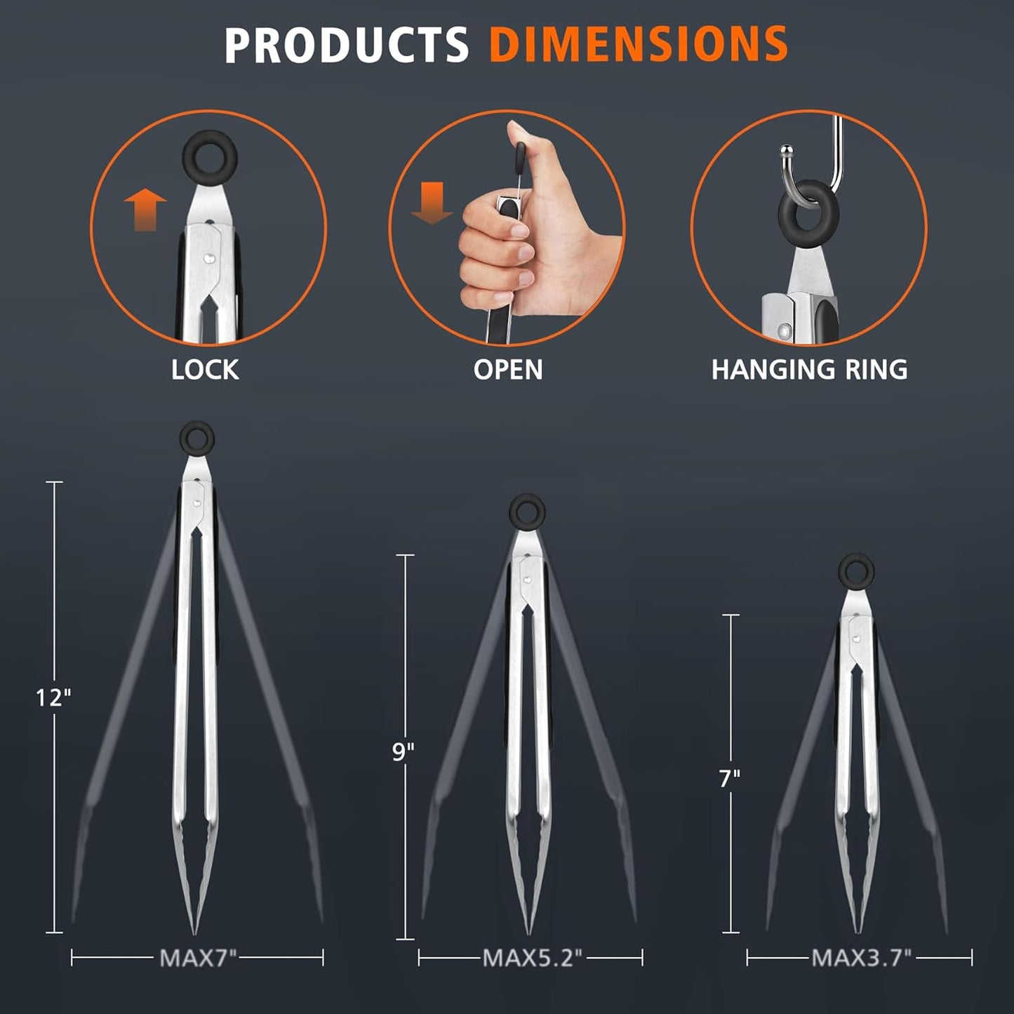 Stainless Steel Kitchen Tongs, Locking Metal Food Tongs for Cooking, Serving, BBQ, Grill & Air Fryer with Non-Slip Grip, Set of 2-9" and 12"