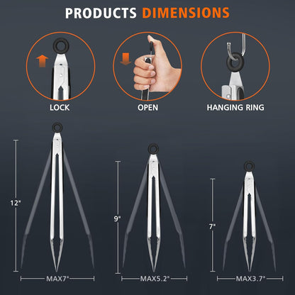 Stainless Steel Kitchen Tongs, Locking Metal Food Tongs for Cooking, Serving, BBQ, Grill & Air Fryer with Non-Slip Grip, Set of 2-9" and 12"