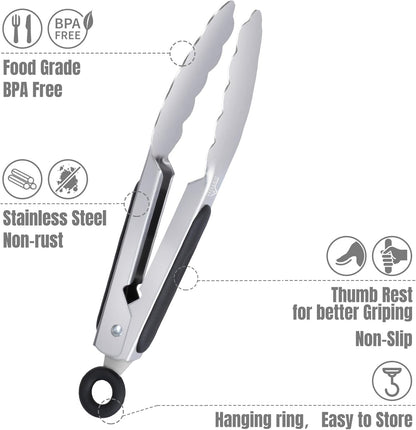 Stainless Steel Kitchen Tongs, Locking Metal Food Tongs for Cooking, Serving, BBQ, Grill & Air Fryer with Non-Slip Grip, Set of 2-9" and 12"