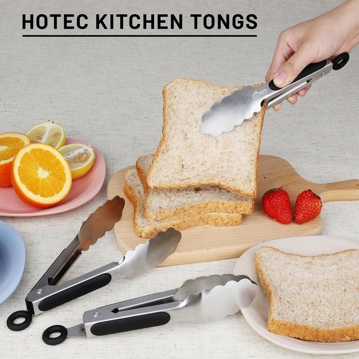 Stainless Steel Kitchen Tongs, Locking Metal Food Tongs for Cooking, Serving, BBQ, Grill & Air Fryer with Non-Slip Grip, Set of 2-9" and 12"