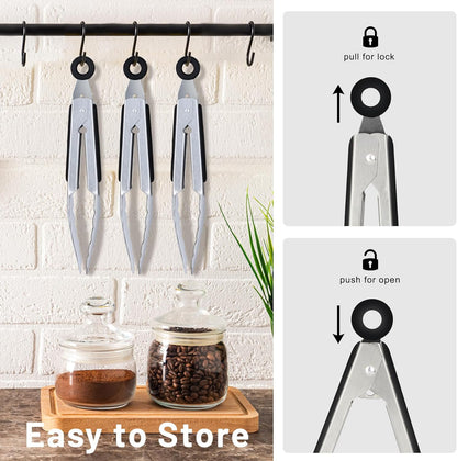 Stainless Steel Kitchen Tongs, Locking Metal Food Tongs for Cooking, Serving, BBQ, Grill & Air Fryer with Non-Slip Grip, Set of 2-9" and 12"