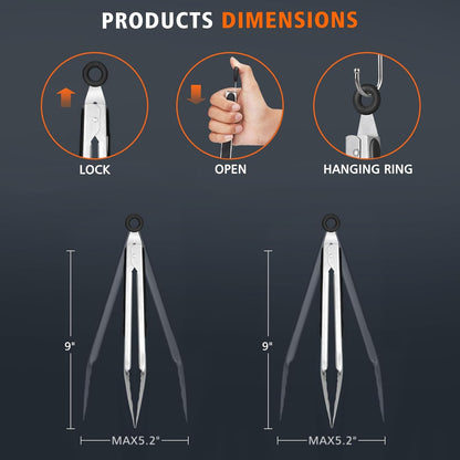 Stainless Steel Kitchen Tongs, Locking Metal Food Tongs for Cooking, Serving, BBQ, Grill & Air Fryer with Non-Slip Grip, Set of 2-9" and 12"