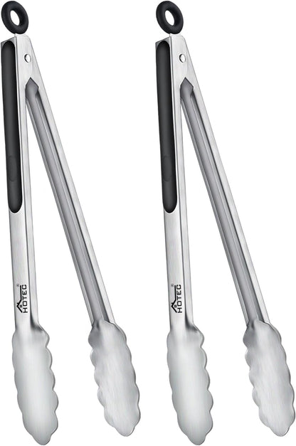 Stainless Steel Kitchen Tongs, Locking Metal Food Tongs for Cooking, Serving, BBQ, Grill & Air Fryer with Non-Slip Grip, Set of 2-9" and 12"