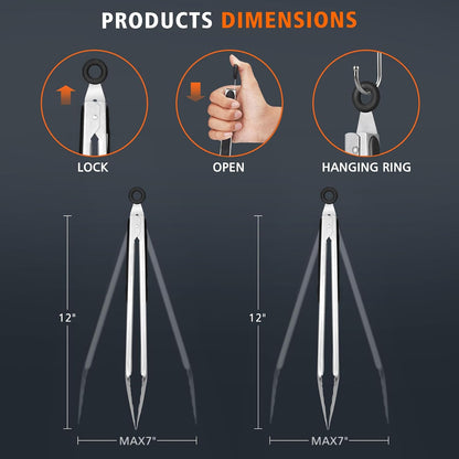 Stainless Steel Kitchen Tongs, Locking Metal Food Tongs for Cooking, Serving, BBQ, Grill & Air Fryer with Non-Slip Grip, Set of 2-9" and 12"