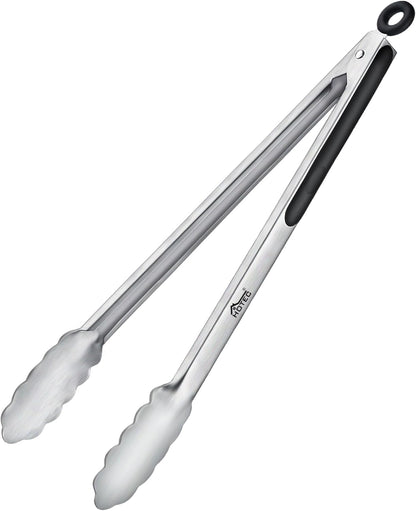Stainless Steel Kitchen Tongs, Locking Metal Food Tongs for Cooking, Serving, BBQ, Grill & Air Fryer with Non-Slip Grip, Set of 2-9" and 12"