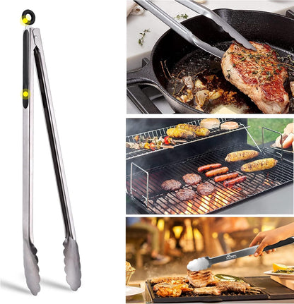 Stainless Steel Kitchen Tongs, Locking Metal Food Tongs for Cooking, Serving, BBQ, Grill & Air Fryer with Non-Slip Grip, Set of 2-9" and 12"
