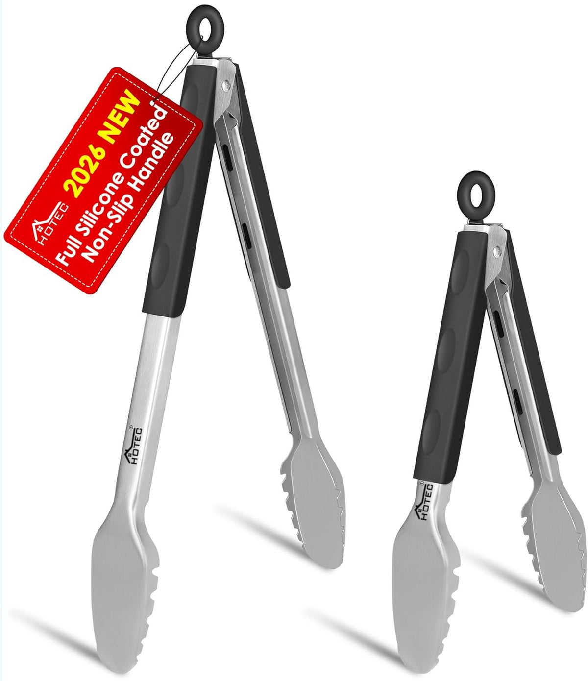 Stainless Steel Kitchen Tongs, Locking Metal Food Tongs for Cooking, Serving, BBQ, Grill & Air Fryer with Non-Slip Grip, Set of 2-9" and 12"