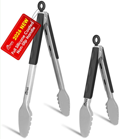 Stainless Steel Kitchen Tongs, Locking Metal Food Tongs for Cooking, Serving, BBQ, Grill & Air Fryer with Non-Slip Grip, Set of 2-9" and 12"