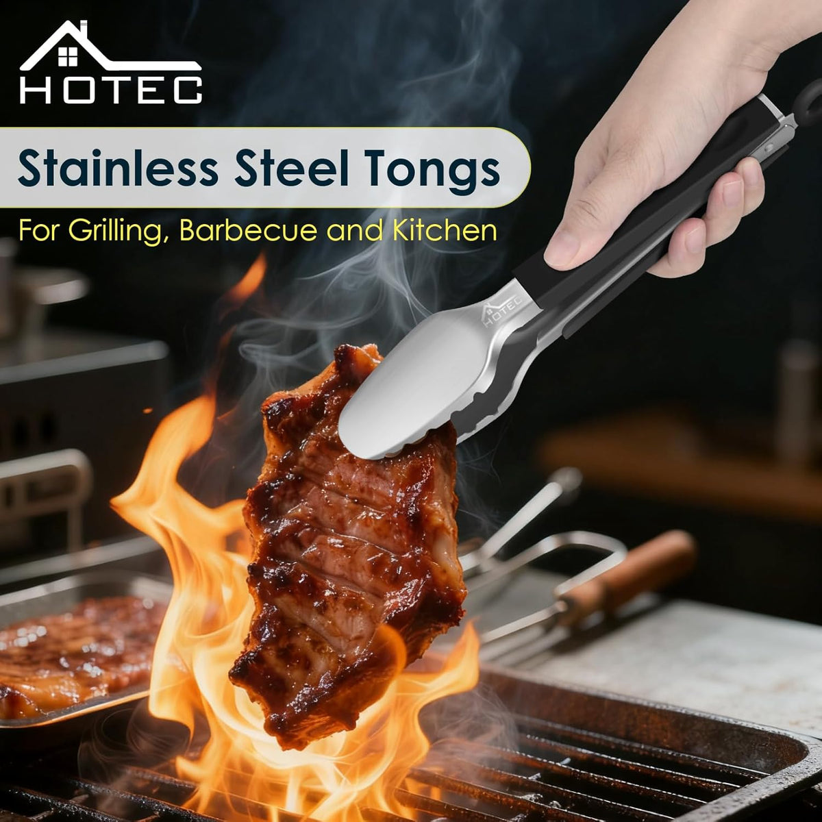 Stainless Steel Kitchen Tongs, Locking Metal Food Tongs for Cooking, Serving, BBQ, Grill & Air Fryer with Non-Slip Grip, Set of 2-9" and 12"