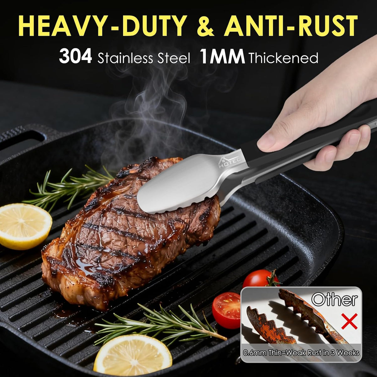 Stainless Steel Kitchen Tongs, Locking Metal Food Tongs for Cooking, Serving, BBQ, Grill & Air Fryer with Non-Slip Grip, Set of 2-9" and 12"
