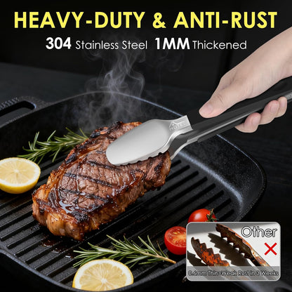 Stainless Steel Kitchen Tongs, Locking Metal Food Tongs for Cooking, Serving, BBQ, Grill & Air Fryer with Non-Slip Grip, Set of 2-9" and 12"