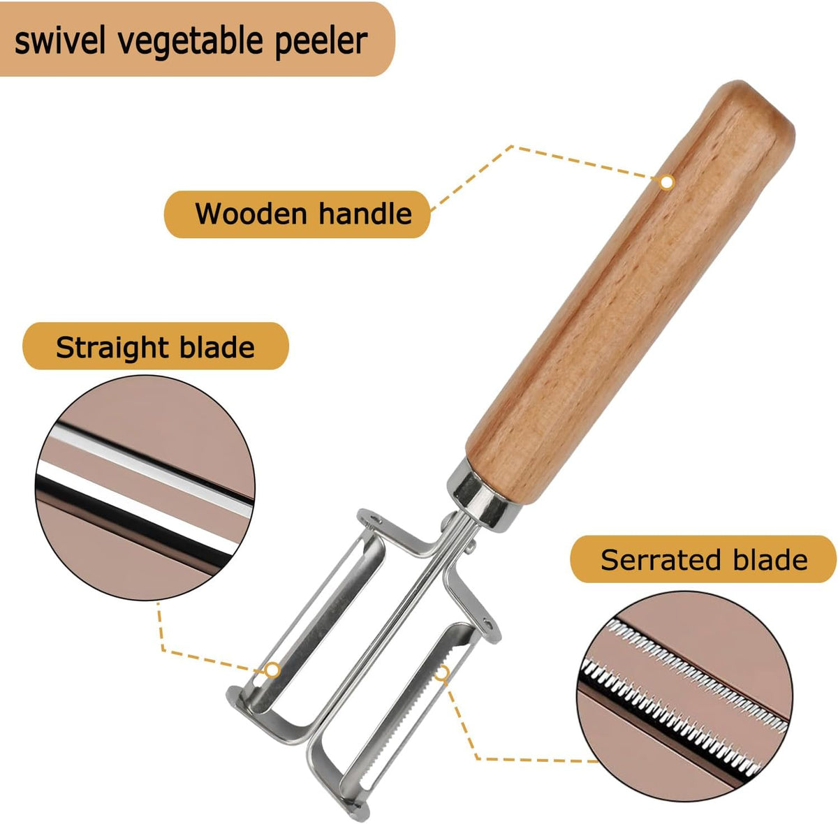 Vegetable Peeler, Stainless Steel Dual Blade Potato Peeler with Beech Wood Handle, Fruit Peeler for Carrot, Apple, Potato, Kitchen Peeler Tool for Vegetable and Fruit