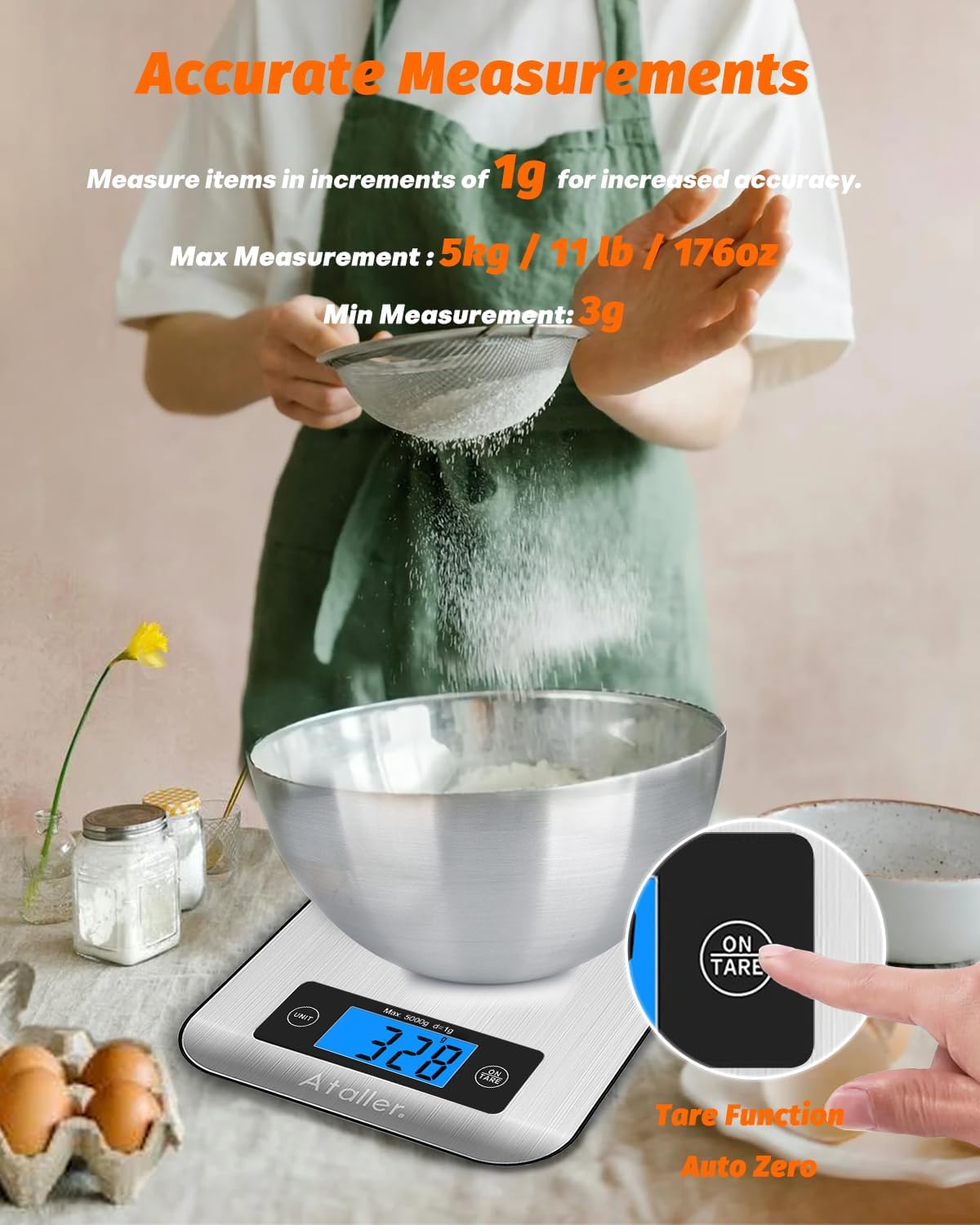 Smart Food Scales, 1g Resolution Max 5kg 11Ibs, Stainless Steel