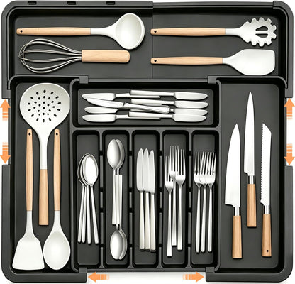 Silverware Organizer Expandable Kitchen Utensil Drawer Organizer Large BPA Free Adjustable Cutlery Silverware Tray for Spoons Forks Knives Storage Divider for Kitchen Flatware 6-9 Slots Black