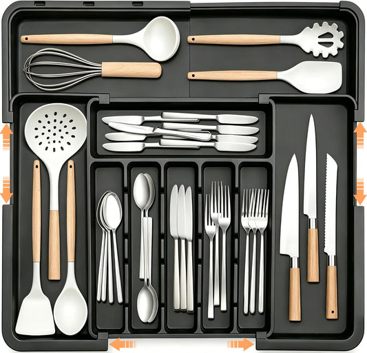 Silverware Organizer Expandable Kitchen Utensil Drawer Organizer Large BPA Free Adjustable Cutlery Silverware Tray for Spoons Forks Knives Storage Divider for Kitchen Flatware 6-9 Slots Black