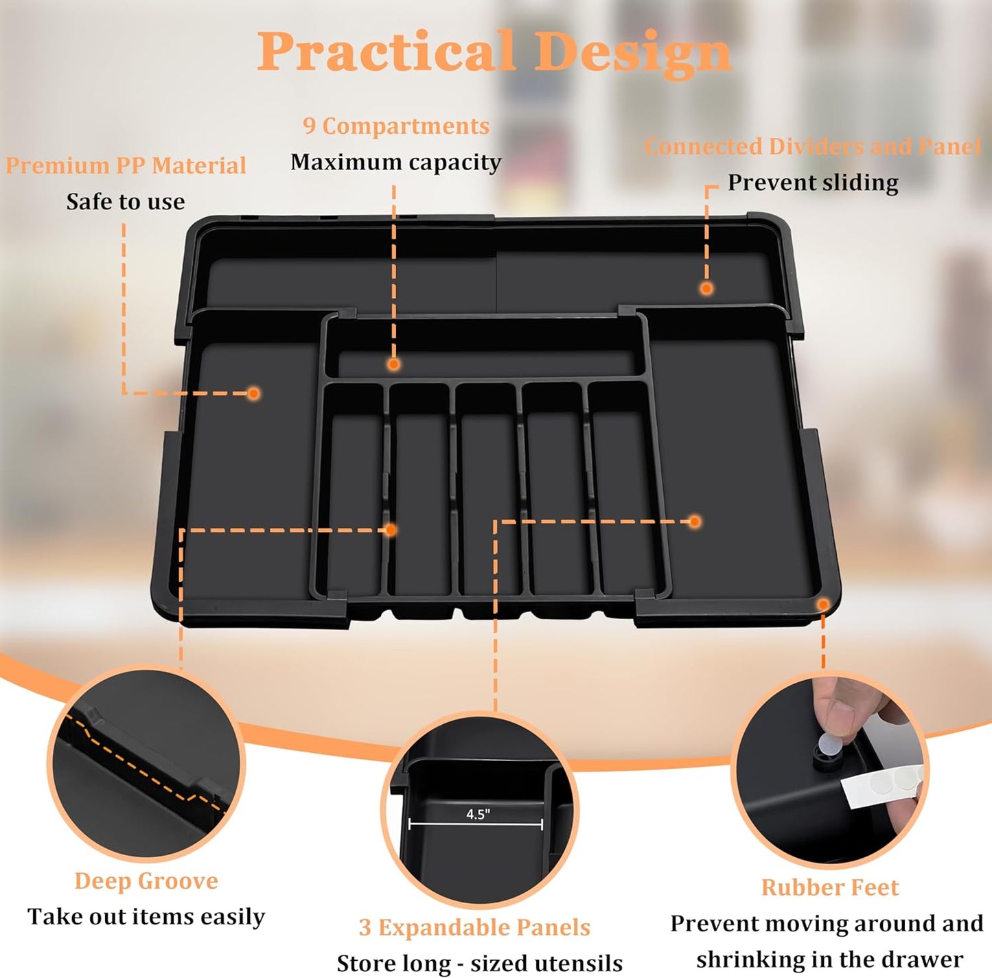 Silverware Organizer Expandable Kitchen Utensil Drawer Organizer Large BPA Free Adjustable Cutlery Silverware Tray for Spoons Forks Knives Storage Divider for Kitchen Flatware 6-9 Slots Black