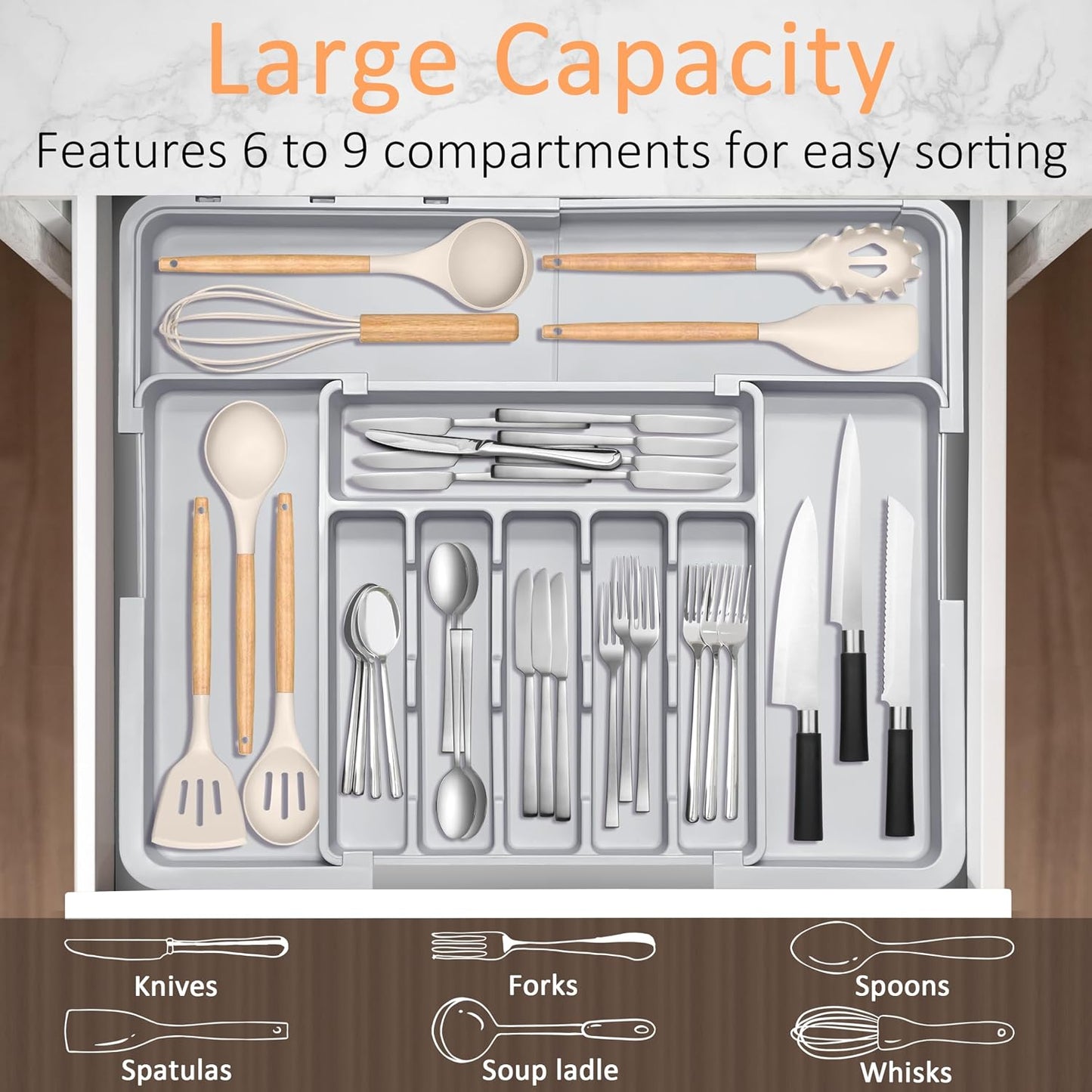 Silverware Organizer Expandable Kitchen Utensil Drawer Organizer Large BPA Free Adjustable Cutlery Silverware Tray for Spoons Forks Knives Storage Divider for Kitchen Flatware 6-9 Slots Black