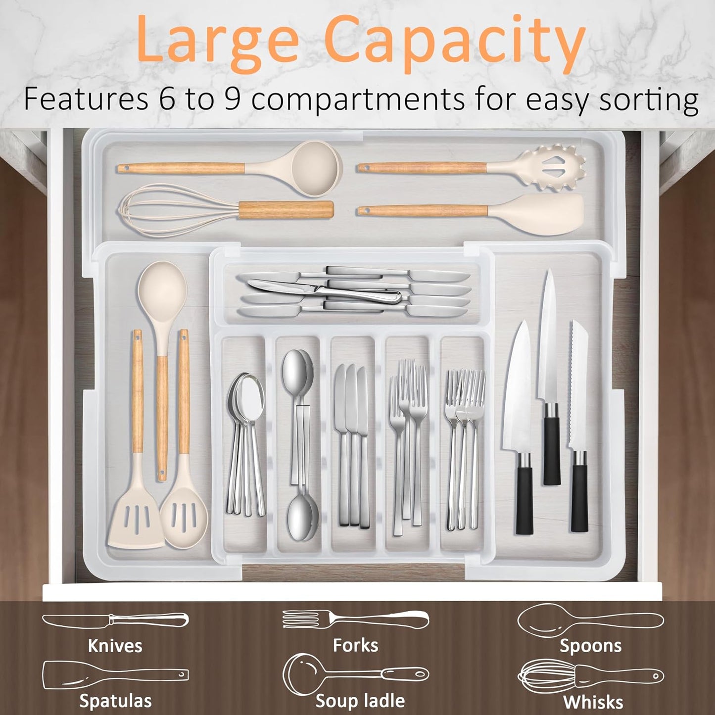 Silverware Organizer Expandable Kitchen Utensil Drawer Organizer Large BPA Free Adjustable Cutlery Silverware Tray for Spoons Forks Knives Storage Divider for Kitchen Flatware 6-9 Slots Black