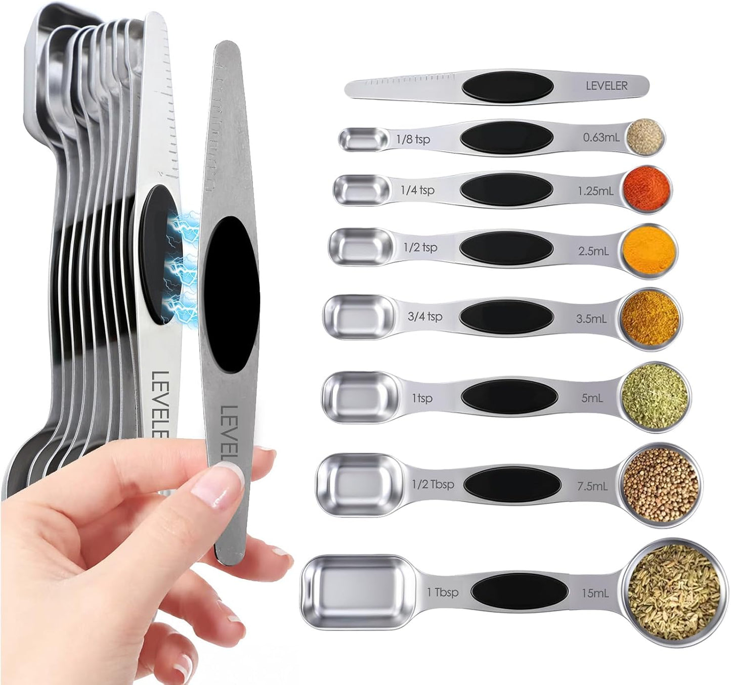 Magnetic Measuring cups and spoons Set, 304 Stainless Steel 5 Magnetic Measuring Cup and 8 Double Sided Measuring Spoons with 1 Leveler，Kitchen Gadgets for Cooking & Baking
