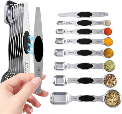 Magnetic Measuring cups and spoons Set, 304 Stainless Steel 5 Magnetic Measuring Cup and 8 Double Sided Measuring Spoons with 1 Leveler，Kitchen Gadgets for Cooking & Baking