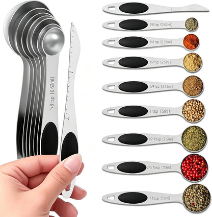 Magnetic Measuring cups and spoons Set, 304 Stainless Steel 5 Magnetic Measuring Cup and 8 Double Sided Measuring Spoons with 1 Leveler，Kitchen Gadgets for Cooking & Baking