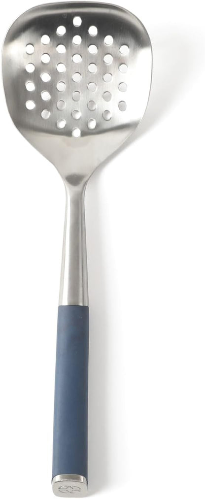 Edge Stainless Steel Slotted Spoon/Skimmer, Kitchen Strainer Spoon, Skimmer with Silicone Heat Resistance Handle, Slotted Cooking Tool for Draining and Skimming (Blue)