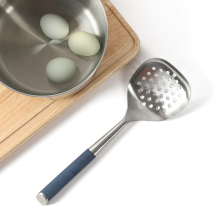 Edge Stainless Steel Slotted Spoon/Skimmer, Kitchen Strainer Spoon, Skimmer with Silicone Heat Resistance Handle, Slotted Cooking Tool for Draining and Skimming (Blue)
