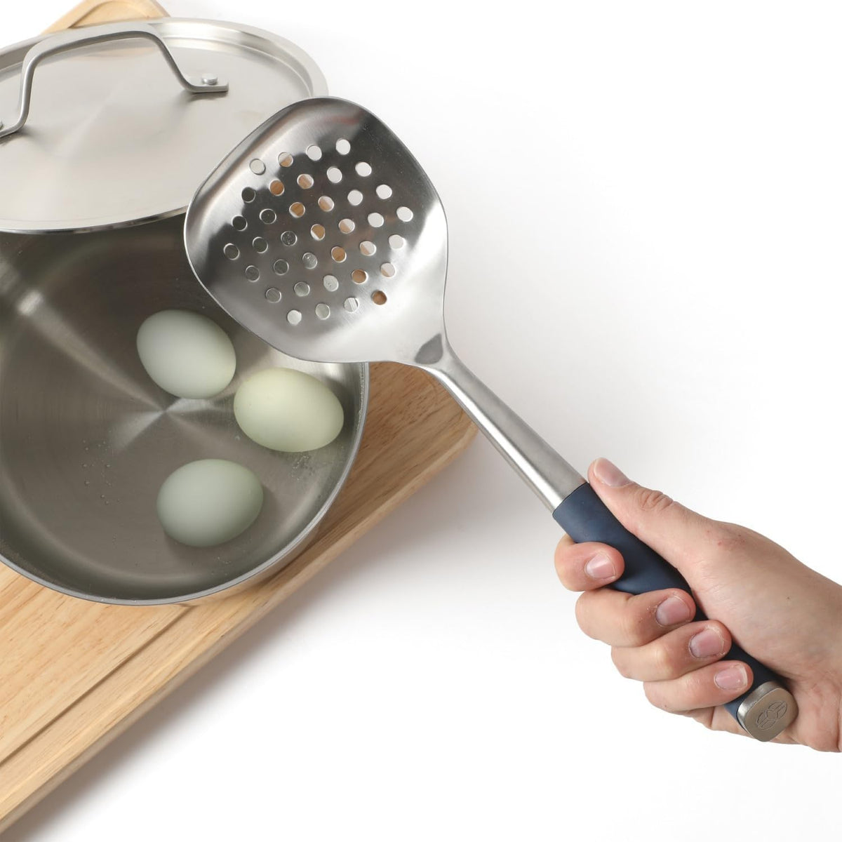 Edge Stainless Steel Slotted Spoon/Skimmer, Kitchen Strainer Spoon, Skimmer with Silicone Heat Resistance Handle, Slotted Cooking Tool for Draining and Skimming (Blue)