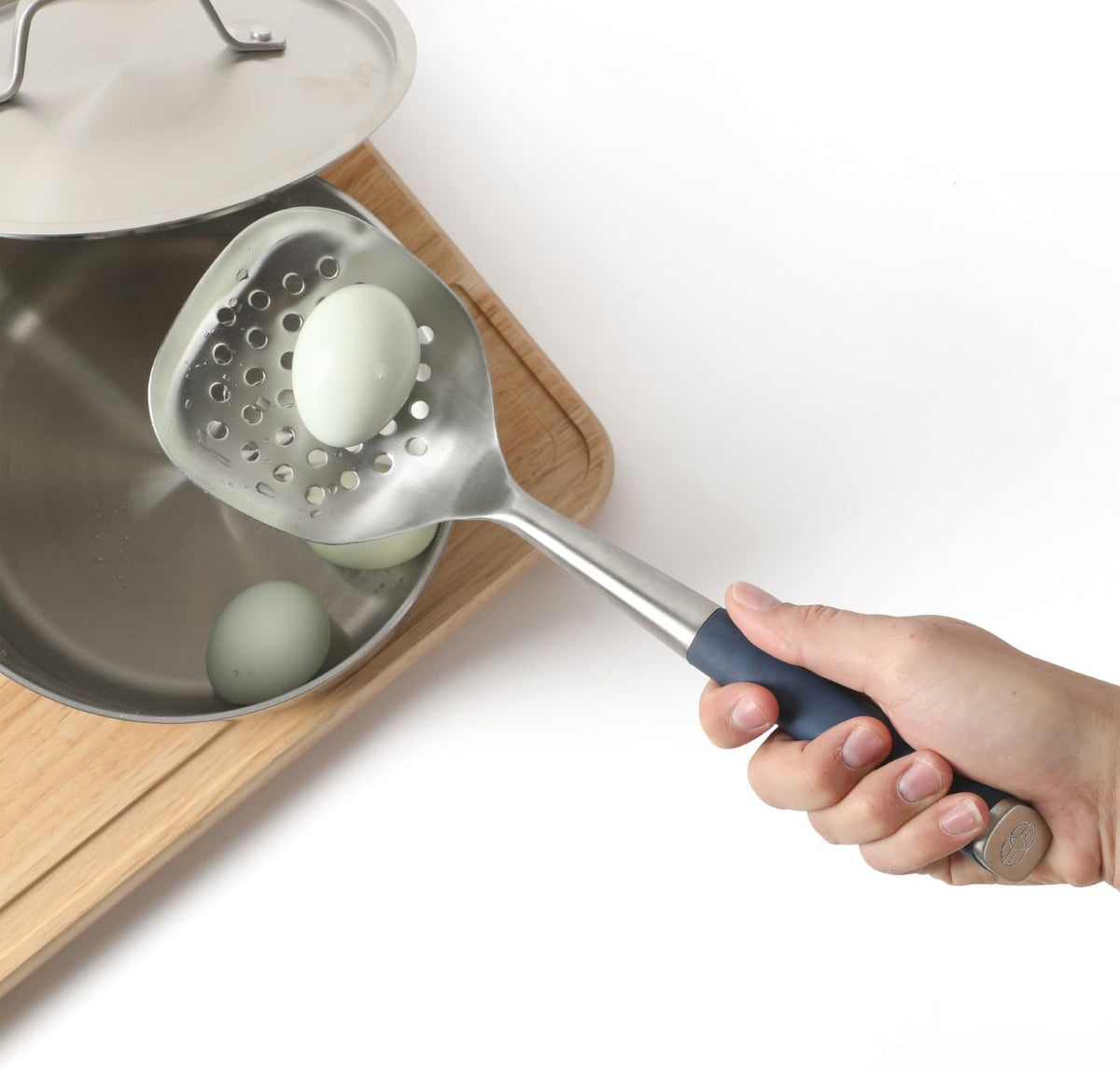 Edge Stainless Steel Slotted Spoon/Skimmer, Kitchen Strainer Spoon, Skimmer with Silicone Heat Resistance Handle, Slotted Cooking Tool for Draining and Skimming (Blue)