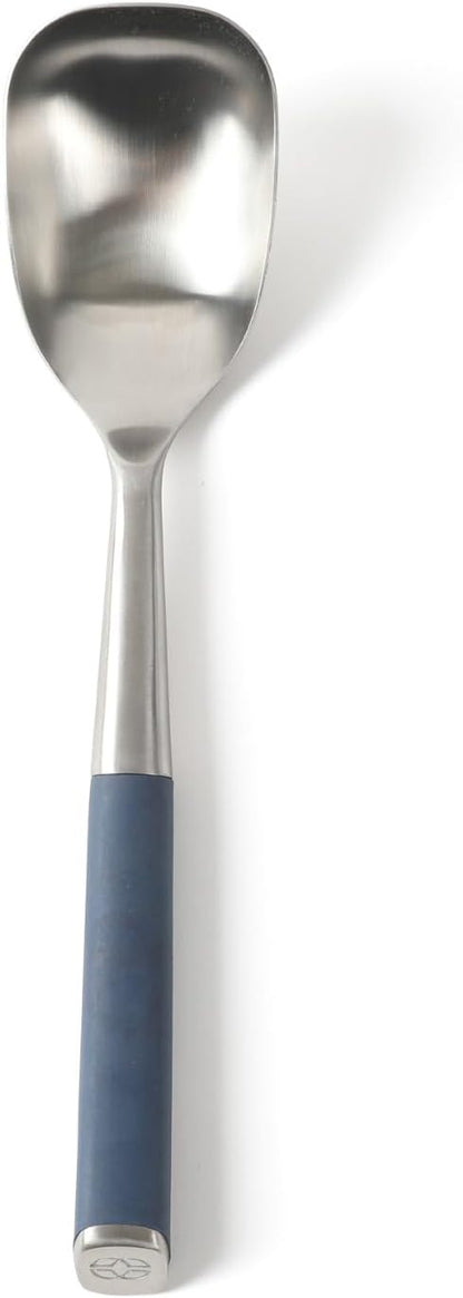 Edge Stainless Steel Slotted Spoon/Skimmer, Kitchen Strainer Spoon, Skimmer with Silicone Heat Resistance Handle, Slotted Cooking Tool for Draining and Skimming (Blue)