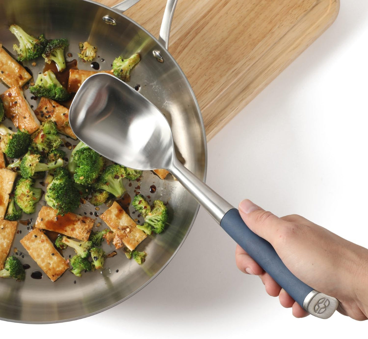 Edge Stainless Steel Slotted Spoon/Skimmer, Kitchen Strainer Spoon, Skimmer with Silicone Heat Resistance Handle, Slotted Cooking Tool for Draining and Skimming (Blue)