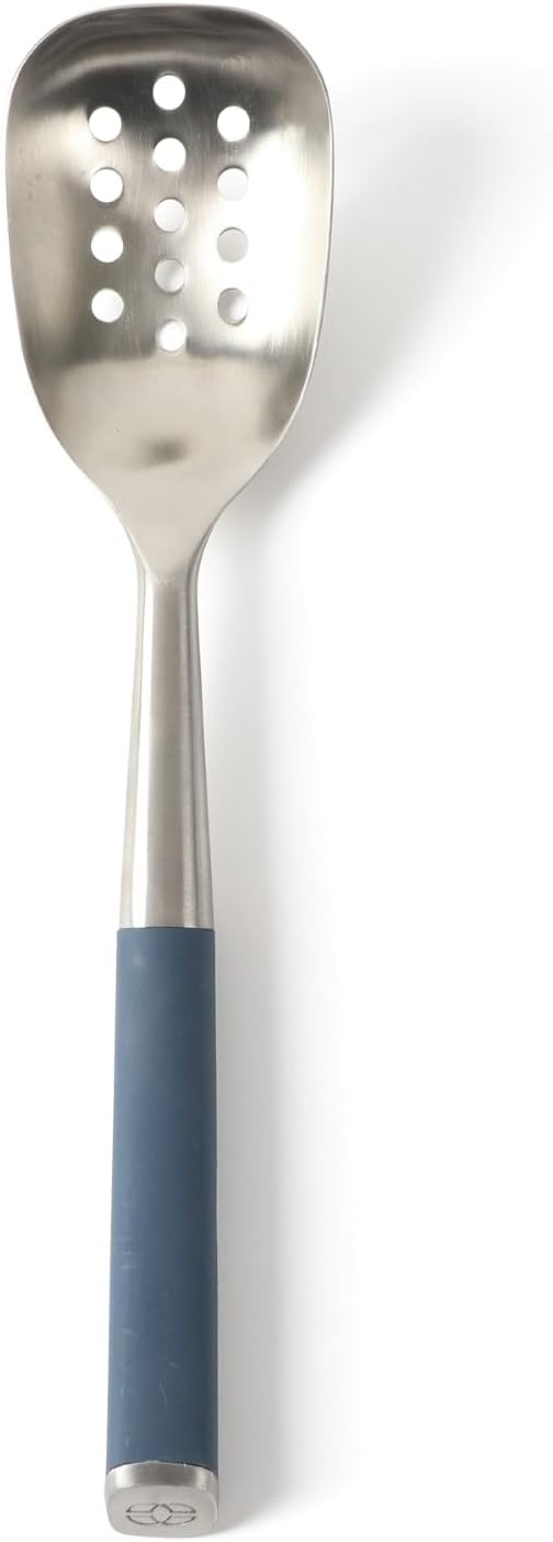 Edge Stainless Steel Slotted Spoon/Skimmer, Kitchen Strainer Spoon, Skimmer with Silicone Heat Resistance Handle, Slotted Cooking Tool for Draining and Skimming (Blue)