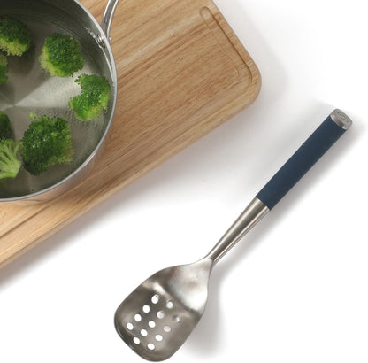Edge Stainless Steel Slotted Spoon/Skimmer, Kitchen Strainer Spoon, Skimmer with Silicone Heat Resistance Handle, Slotted Cooking Tool for Draining and Skimming (Blue)