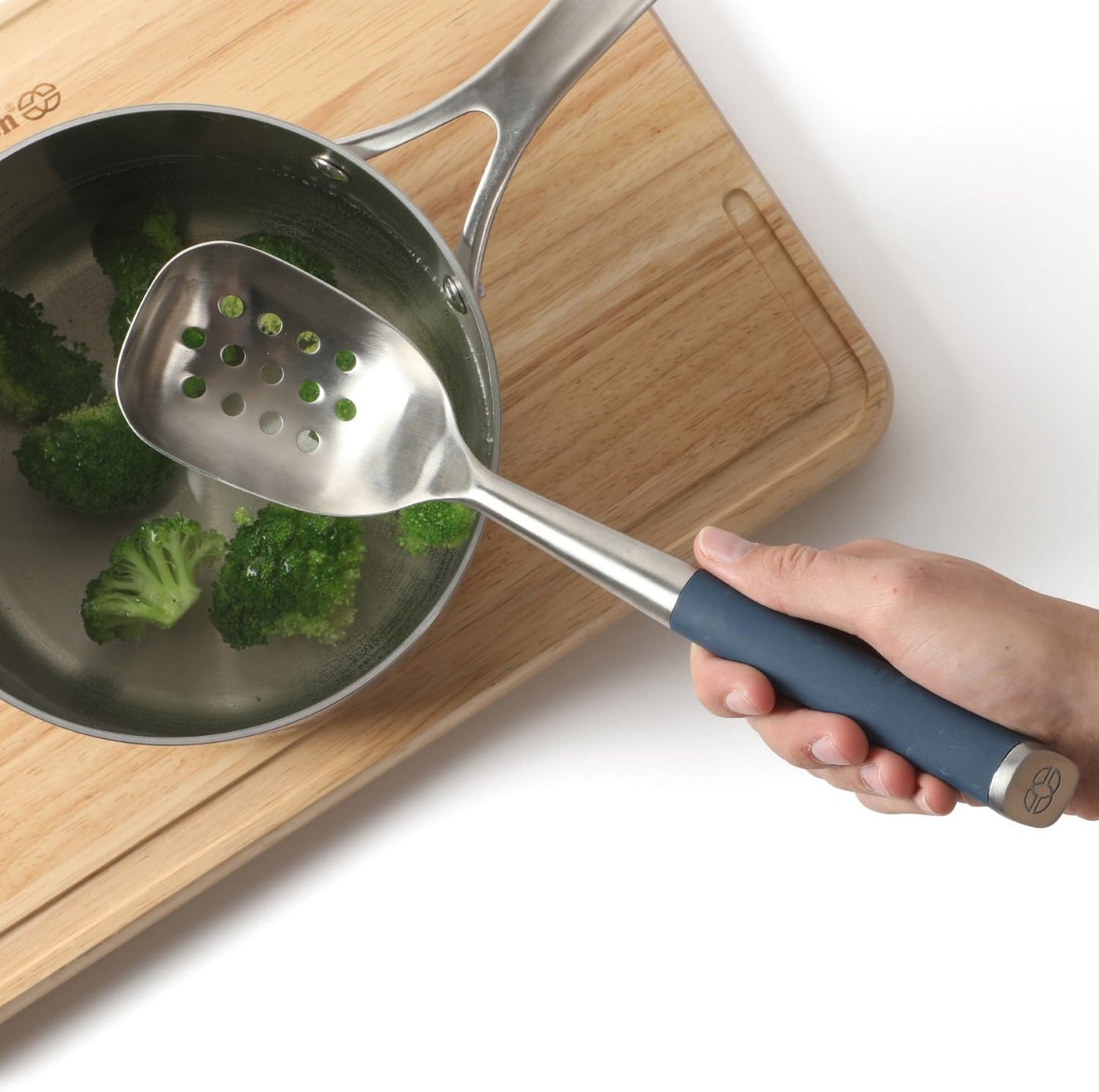 Edge Stainless Steel Slotted Spoon/Skimmer, Kitchen Strainer Spoon, Skimmer with Silicone Heat Resistance Handle, Slotted Cooking Tool for Draining and Skimming (Blue)