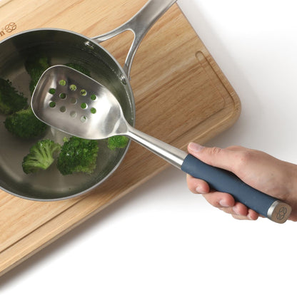 Edge Stainless Steel Slotted Spoon/Skimmer, Kitchen Strainer Spoon, Skimmer with Silicone Heat Resistance Handle, Slotted Cooking Tool for Draining and Skimming (Blue)