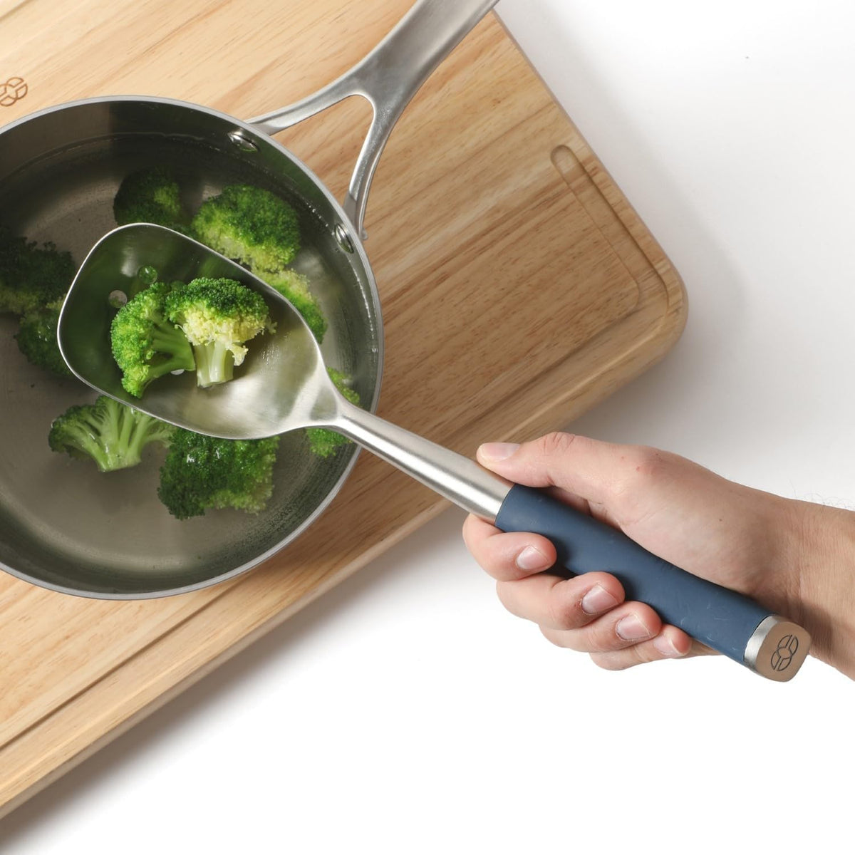 Edge Stainless Steel Slotted Spoon/Skimmer, Kitchen Strainer Spoon, Skimmer with Silicone Heat Resistance Handle, Slotted Cooking Tool for Draining and Skimming (Blue)
