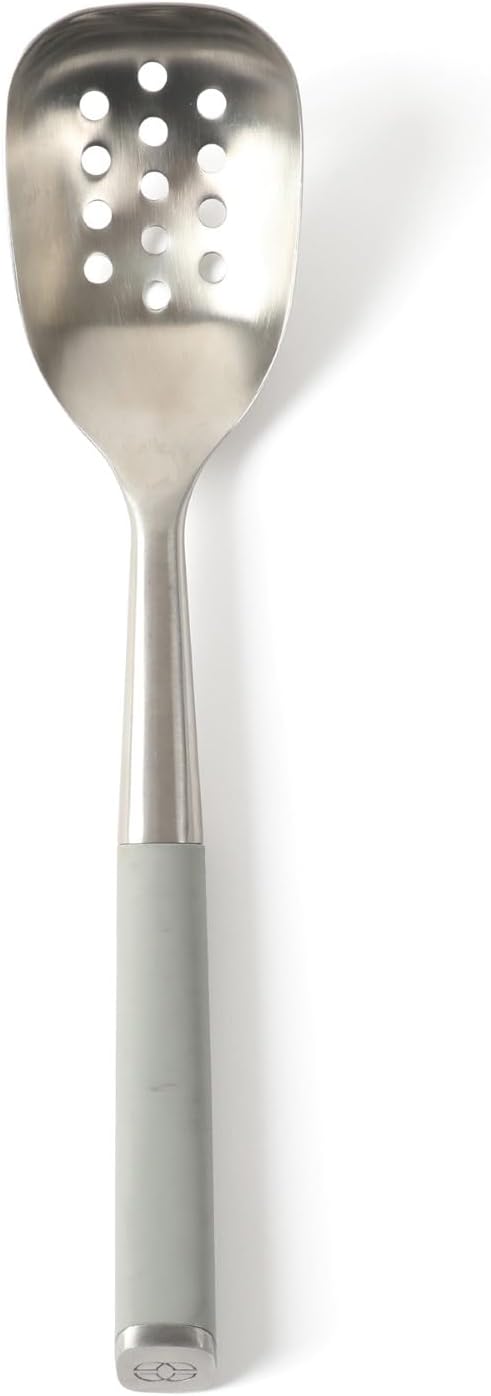 Edge Stainless Steel Slotted Spoon/Skimmer, Kitchen Strainer Spoon, Skimmer with Silicone Heat Resistance Handle, Slotted Cooking Tool for Draining and Skimming (Blue)